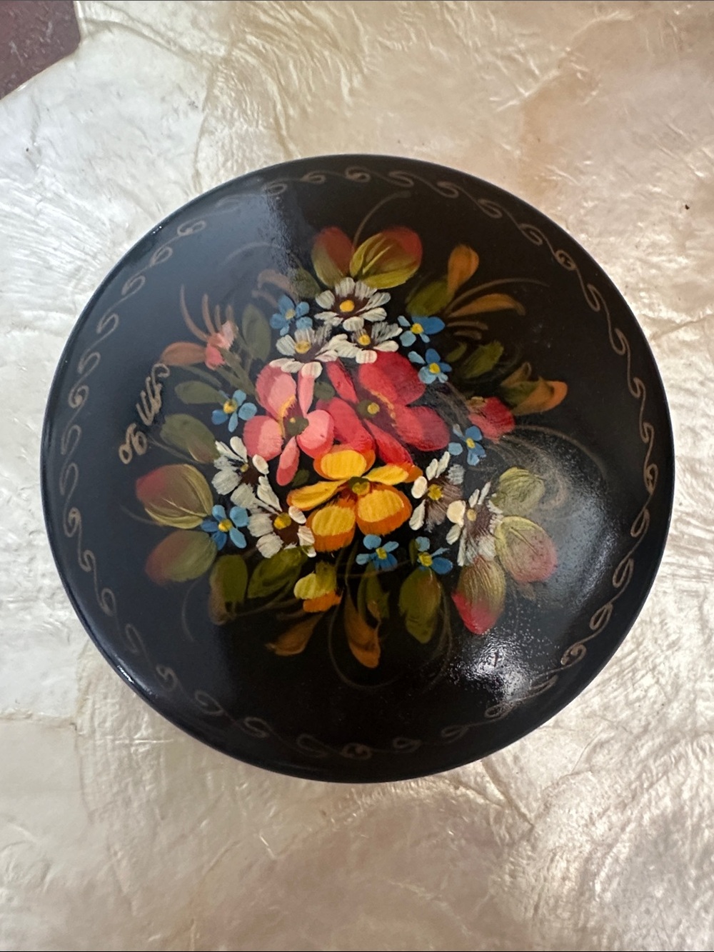 Vintage Russian Black Floral Hand-Painted Trinket Box - Picture 2 of 10